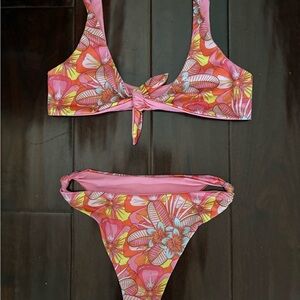 Skatie Reversible Salty Bottom & Tie Front Top Pink Floral Print Bikini Set XL